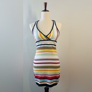 Vintage Y2K Guess Jeans Multicolor Striped Knit Mini Halter Dress Size S